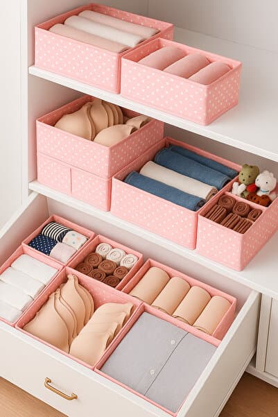 6'lı Çekmece Içi Düzenleyici Organizer Set - Çok Amaçlı Dolap Içi Kutu Seti - Pembe Benekli