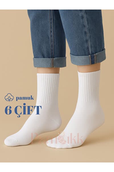 PAMBIK AYAKLAR 6 Çift Beyaz Fitilli Spor Çorap - Unısex Pamuklu Tenis Çorabı