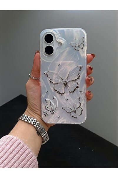 KVK PRİVACY Apple iPhone 16 Uyumlu Tüylü Kelebek Hologramlı Kılıf Darbeye Karşı Dayanıklı Kapak