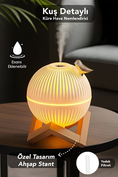 mimtec Kuş Detaylı Hava Nemlendirici - 330 ml Ahşap Standlı Işıklı Aroma Difüzörü Buhar Makinesi Humidifier