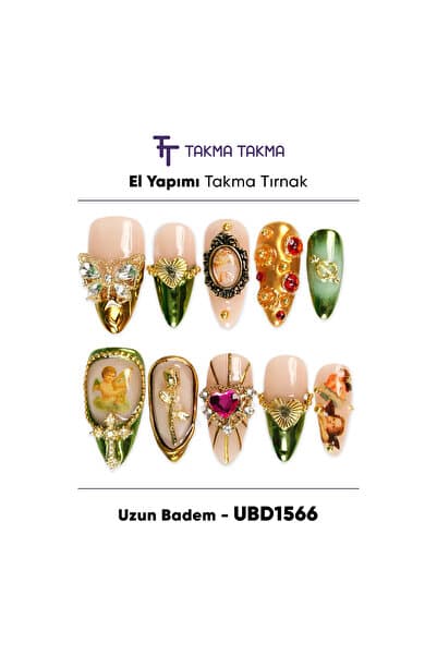 Takma Takma Takma Tırnak Nail Art Renkli Uzun Badem XS Beden 10'lu El Yapımı Jel Takma Tırnak UBD1566
