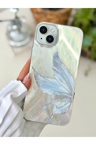 Go Aksesuar Iphone 15 - 14 - 13 Uyumlu Shine Platin Kelebek Renk Geçişli Parlak Tasarımlı Silikon Kılıf