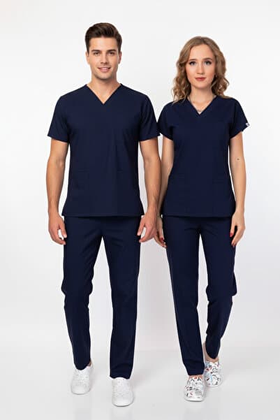 Nur Medikal Giyim Unisex Doktor Hemşire Forması Lacivert Pamuk Likralı Yarasa Kol Scrubs Cerrahi Takım