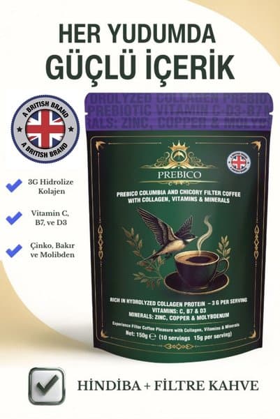 Prebico Prebiyotik, Kolajen, Multivitamin, Multimineral ve Hindiba İçeren Columbia Filtre Detoks Kahvesi