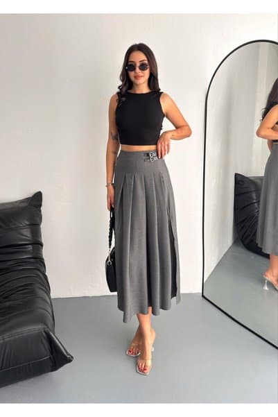 TheyYou Tokalı Yüksek Bel Yırtmaç Detaylı Pilili Uzun Etek – Buckle Detail High Waist Pleated Long Skirt