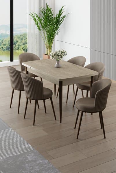Canisa Asfel Serisi MDF 77x130 Traverten Yandan Açılabilir Mutfak Masası Takımı 6 Cappucino Sandalye