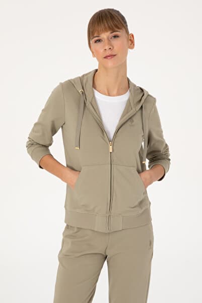 U.S. Polo Assn. Kadın Açık Haki Fermuarlı Kapüşonlu Sweatshırt 50313594-VR183