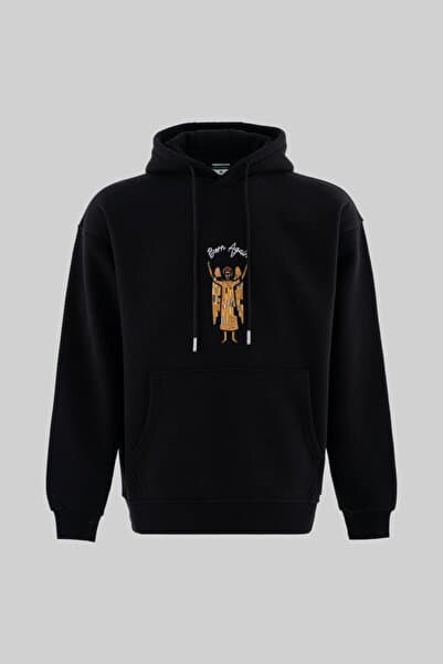 Machinist Erkek Melek Nakışlı Şardonlu Kapüşonlu Sweatshirt Siyah