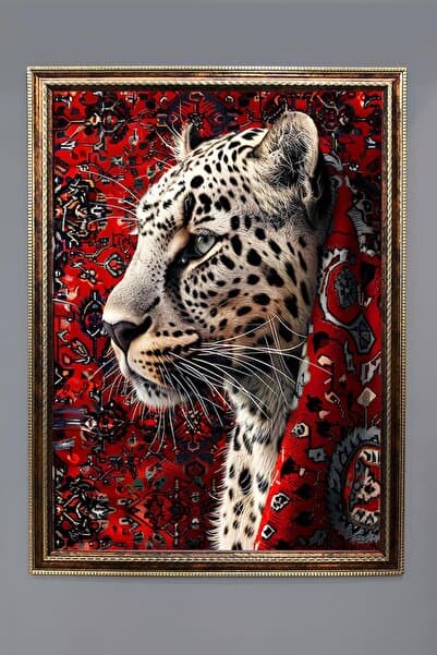 Dolce Mariee İran Halısına Sarılmış Leopar Desenli Dijital Baskılı Kadife Kumaş Çerçeveli Tablo TBL0026