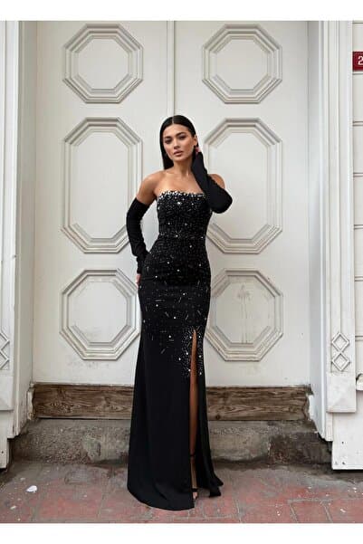 Modafeminen Straplez Tas Dizayn Yırtmaclı Balık Abiye 583337 SİYAH
