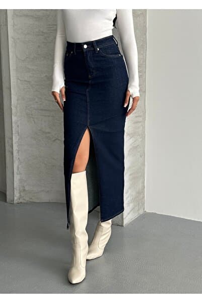 MARLİX Koyu Mavi Uzun Maxi Boy Denim likralı yırtmaçlı Dar Kalıplı Uzun Boy Normal Belli Kadın Kot Etek