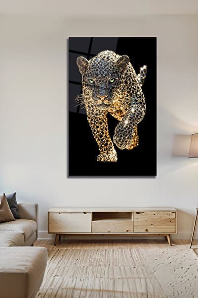 B&G DESIGN Pırlanta Efektli Leopar Tablo Dekoratif Cam Tablo Luxury Panter Pırlanta 3D Görünüm