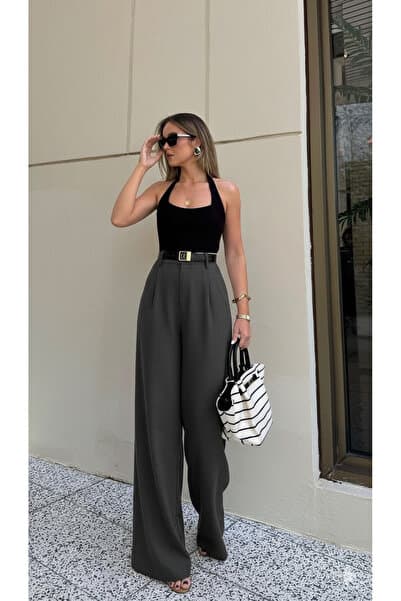 leymoda Kadın Pileli Pantolon Yüksek Bel Palazzo Kumaş Pantolon