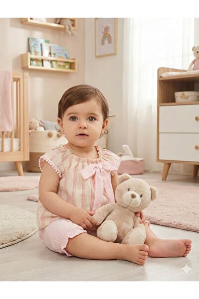 Mini Baray Müslin Fiyonklu Şortlu Çizgili Kız 2 li takım