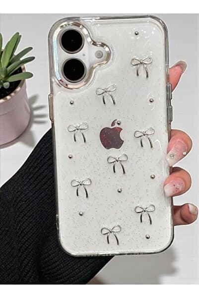 KVK PRİVACY iPhone 16 Uyumlu Fiyonk Desenli Şeffaf Kılıf Simli Darbeye Karşı Dayanıklı Kapak