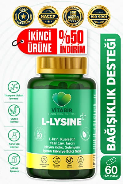 VİTABİR L-Lysine+ Bağışıklık Desteği! |lizin,Kuersetin,yeşilçay,tarçın,meyan kökü,selenyum|60 Tablet