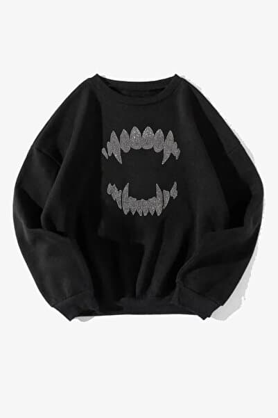 Rokeby Unisex Wild Teeth DTF BASKILI Siyah Bisiklet Yaka Sweatshirt