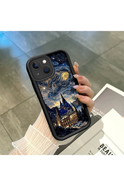 ucuc iPhone 15 Uyumlu Büyüleyici Gökyüzü Desenli Siyah Silikon Kılıfı