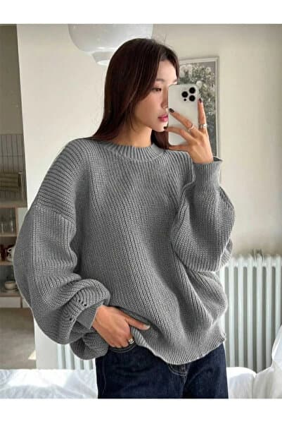 dgs look Gri Bisiklet Yaka Oversize Kadın Triko Kazak