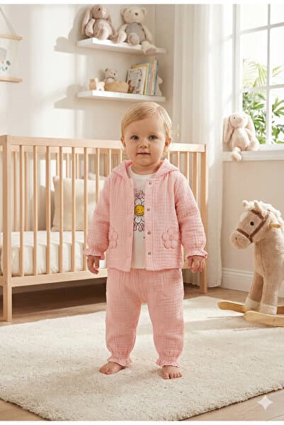 Mini Baray Pastel Renkli Müslin 3'lü Bebek Takımı (9-12-18 Ay) %100 Pamuklu Hırkalı Kız Bebek Seti