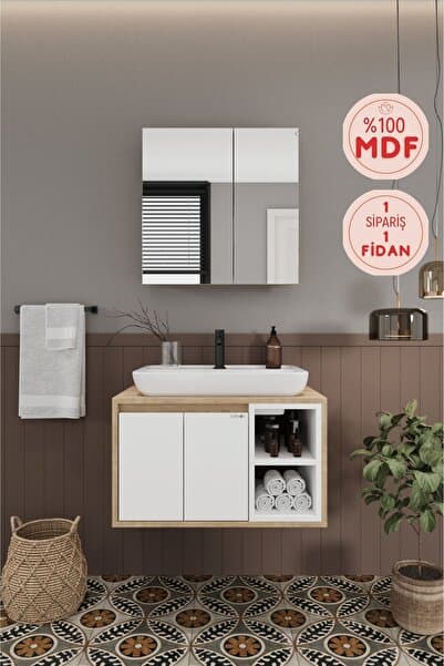 BALNEOM Lale Beyaz 70 cm %100 Mdf Lavabolu Banyo Dolabı + Aynalı Dolap