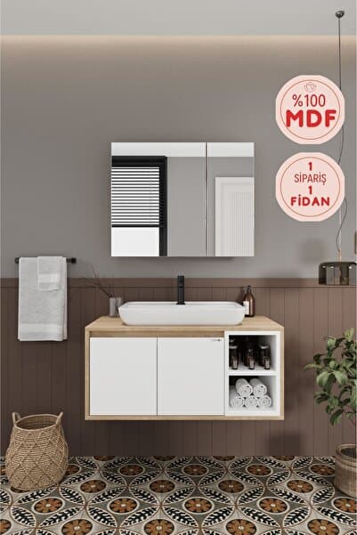 BALNEOM Lale Beyaz 90 Cm %100 Mdf Lavabolu Banyo Dolabı + Aynalı Dolap