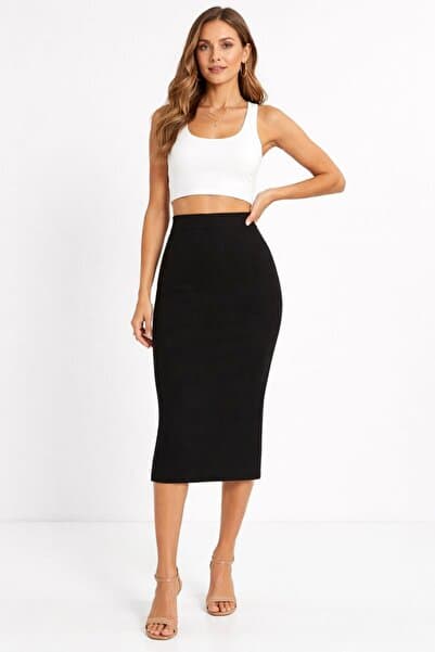 buğlem collection Kadın Yüksek Bel Kaşkorse Kalem Etek Midi Boy Yırtmaçsız Rahat Kalıp Şık Basic