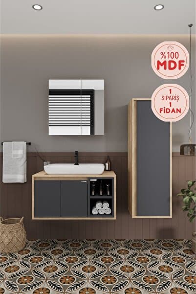 BALNEOM Lale 80 Cm Set %100 Mdf Lavabolu Banyo Dolabı Aynalı Dolap Boy Dolabı