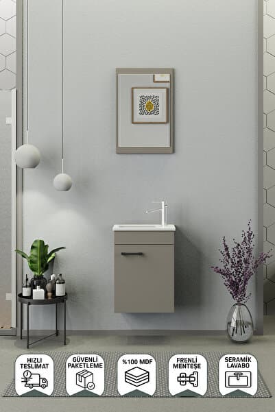 BIANI Fix Arya Mini 42 Cm Banyo Dolabı,Seramik Lavabolu,Aynalı,Lavabo Dahil,Mdf,Latte