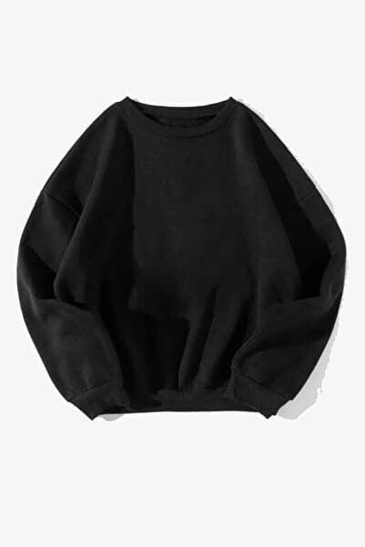 Rokeby Pamuklu Unisex Oversize Basic Düz Bisiklet Yaka Siyah Sweatshirt