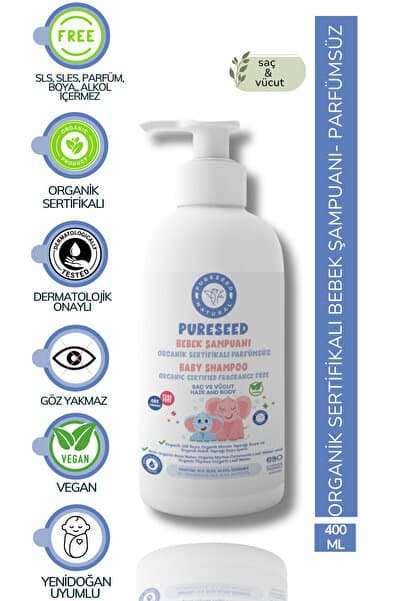 PURESEED NATURAL Organik Sertifikalı Bebek Şampuanı Parfümsüz - 400 ml