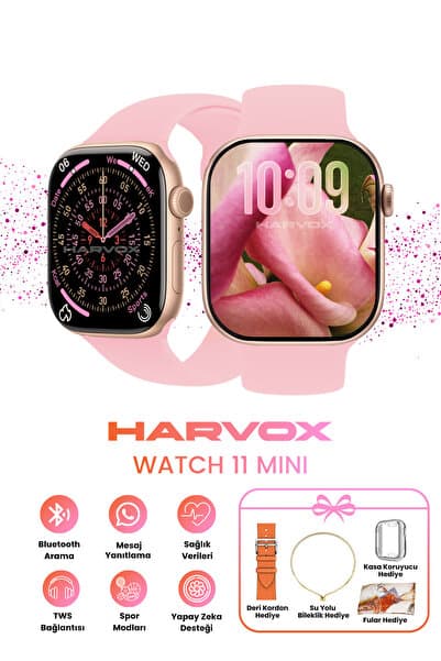 HARVOX Watch 11 Mini Akıllı Saat Hediye Dolu Kutu İçeriği 2 Kordon Bileklik ve Fular Hediyeli