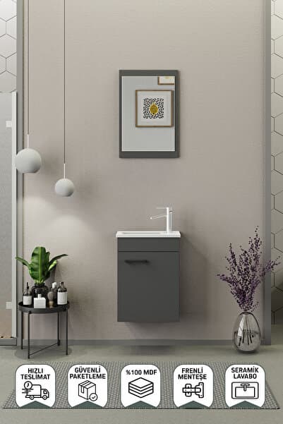 BIANI Fix Arya Mini 42 Cm Banyo Dolabı,Seramik Lavabolu,Aynalı,Lavabo Dahil,Mdf,Mat Gri