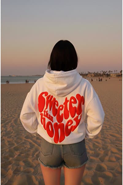EVIus Oversize Sweeter Than Honey Kalp Baskılı Kapüşonlu Beyaz Sweatshirt