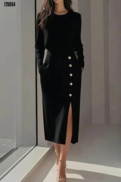 Modayakamoz Yeni Sezon Trend Model Kadın Yandan Yırtmaçlı Düğmeli Midi Elbise