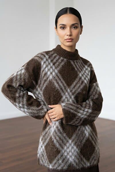 SHERIN Kahve Ekoseli Oversize Triko Kazak