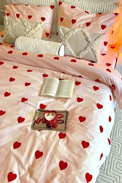Bellahomeart Kalpli Çift Kişilik Nevresim Seti | Nevresim Ve Yastık Kılıfı | ÇARŞAFSIZ Kalp Desenli