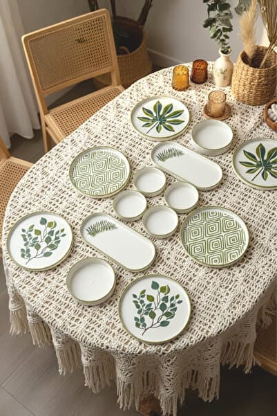 Kitchen Life 14 Parça 6 Kişilik Stackable Güz Yaprak Kahvaltı Takımı - Lüx Kahvaltılık Sunum Seti Tabağı