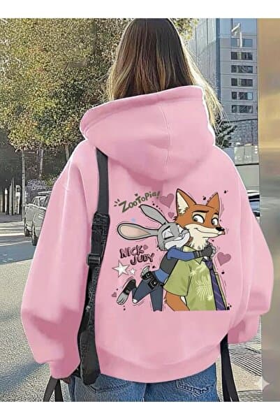 classy moda Unisex Oversize Zootopia Nick & Judy Baskılı Kapüşonlu Sweatshirt