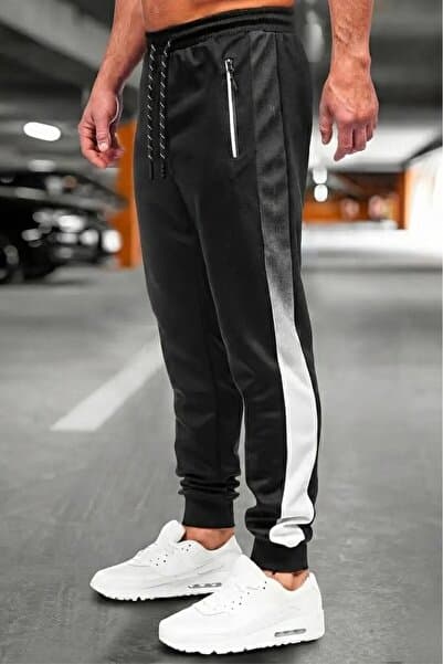 Oksit Perni Erkek Siyah Slim Fit Degrade Şeritli Fermuar Cepli Jogger Eşofman Altı