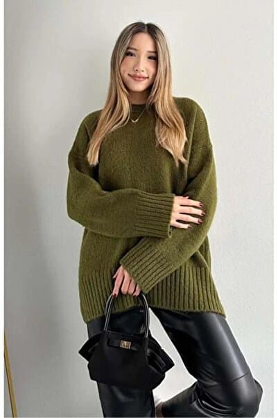 LOTUS CITY Kadın Bisiklet Yaka Oversize Haki Triko Kazak