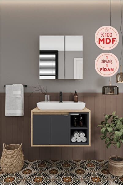BALNEOM Lale 70 cm %100 Mdf Lavabolu Banyo Dolabı + Aynalı Dolap