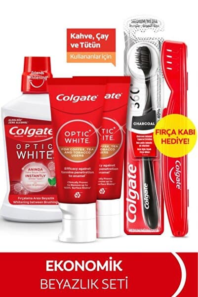 Colgate Optic White Kahve, Çay Kullananlar 50 ml 2'li Diş Macunu, Orta Diş Fırçası, Ağız Bakım Suyu 500 ml