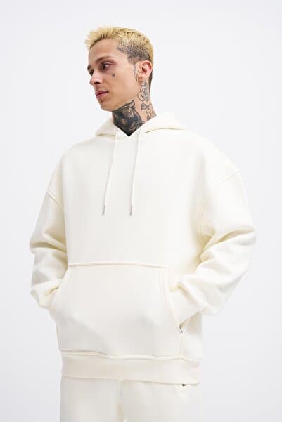 Machinist Erkek Oversize Basic Kapüşonlu Sweatshirt Ekru