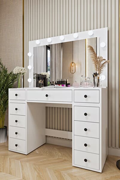 Asl54 Hollywood Işıklı Geniş Aynalı Makyaj Masası Bol Çekmeceli Beyaz
