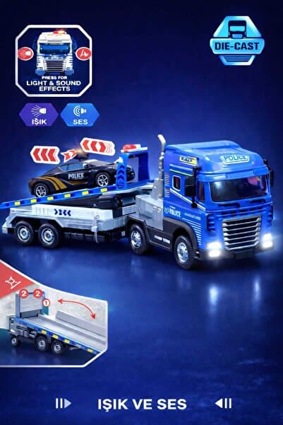 Fidan oyuncak Işıklı ve Sesli Metal Polis Taşıma Tırı + Polis Araba Seti (Rampalı) – 30 cm