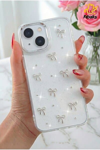 Fibaks iPhone 13/14/15 Kılıf Fiyonk Desenli Şeffaf Simli Gümüş Kamera Çıkıntılı Parlak Kapak