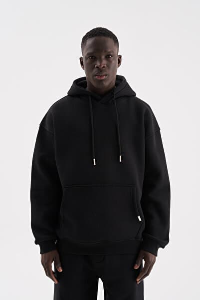 Machinist Erkek Oversize Basic Kapüşonlu Sweatshirt Siyah
