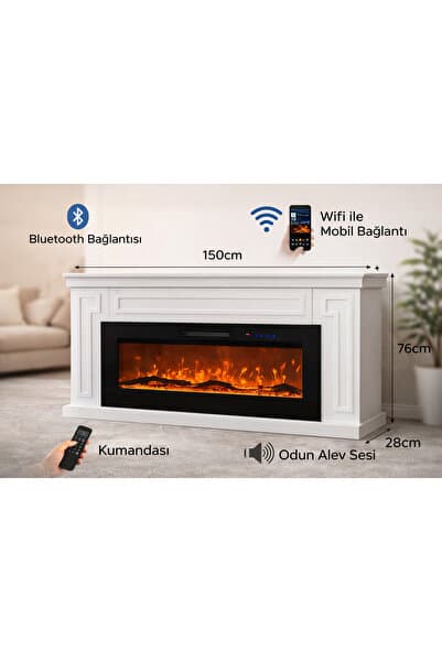 Sarman Şömine Dokunmatik Elektrikli Şömine Dekoratif 150cm MDF Alev Sesli Isıtıcılı Bluetooth 8 Renk 1850W