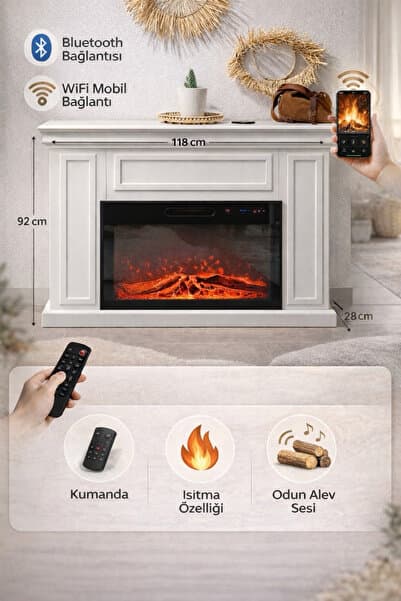 Sarman Şömine Dokunmatik Elektrikli Şömine Dekoratif 118cm MDF Alev Sesli Isıtıcılı Bluetooth 8Renk Kumandalı1850W
